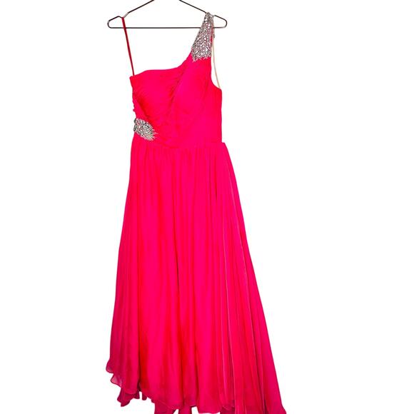 ASHLEYLAUREN Hot Pink Pleated Crystal Pearl Beaded One Shoulder Gown Size 8 - Picture 4 of 15